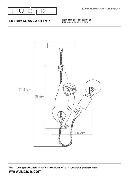 Lucide EXTRAVAGANZA CHIMP - Suspension - Ø 17,6 cm - 1xE27 - Noir - TECHNISCH